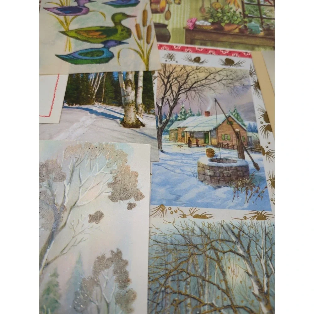 15 Old Vtg Used Christmas Card Fronts for Crafts Winter Scene Country Farm‎ Hunt